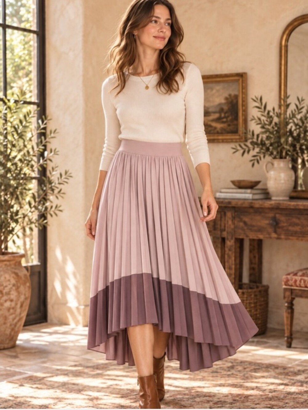 Athleta Swing Forward Pleated High-Low Midi Skirt Mauve Plum L